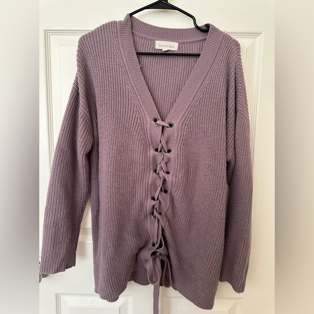 Vanilla Bay Large Purple Lace Up Chunky Sweater